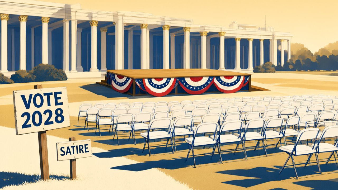 Rows of empty folding chairs on a White House-style lawn facing a bunting-draped empty stage, with a yard sign reading VOTE 2028.