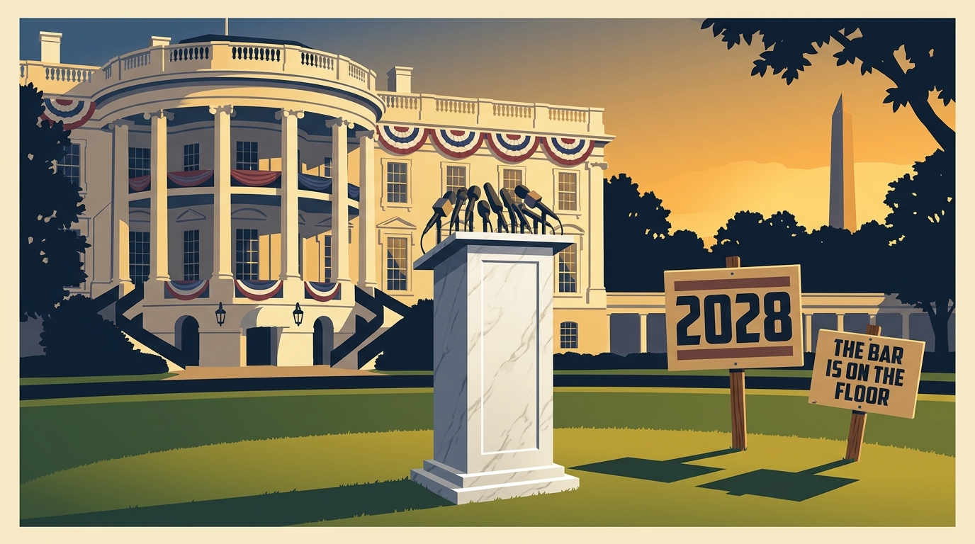 Satirical campaign poster: an empty podium on the White House south lawn at golden hour, campaign bunting, and yard signs reading 2028 and THE BAR IS ON THE FLOOR.