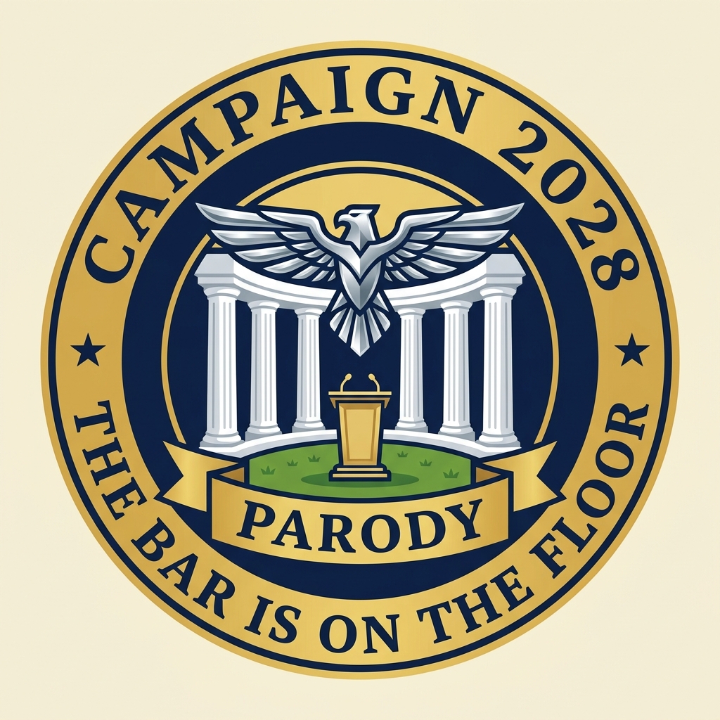 Circular campaign seal in gold and navy with marble columns, a tiny lawn, a chrome eagle, and a ribbon reading PARODY over the words MANGIONE 2028.